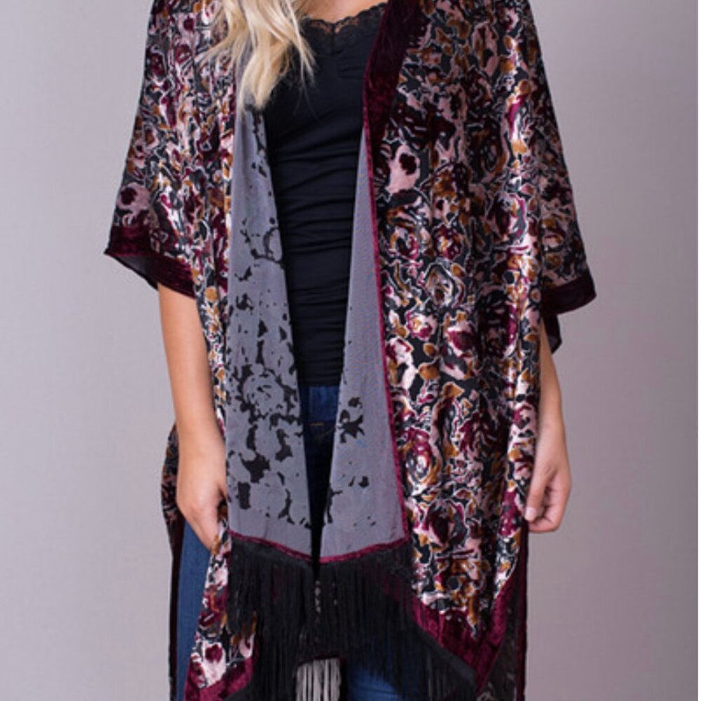 Lovestitch Velvet Laser Cut Burgundy Rose Floral Kimono with Fringe OS